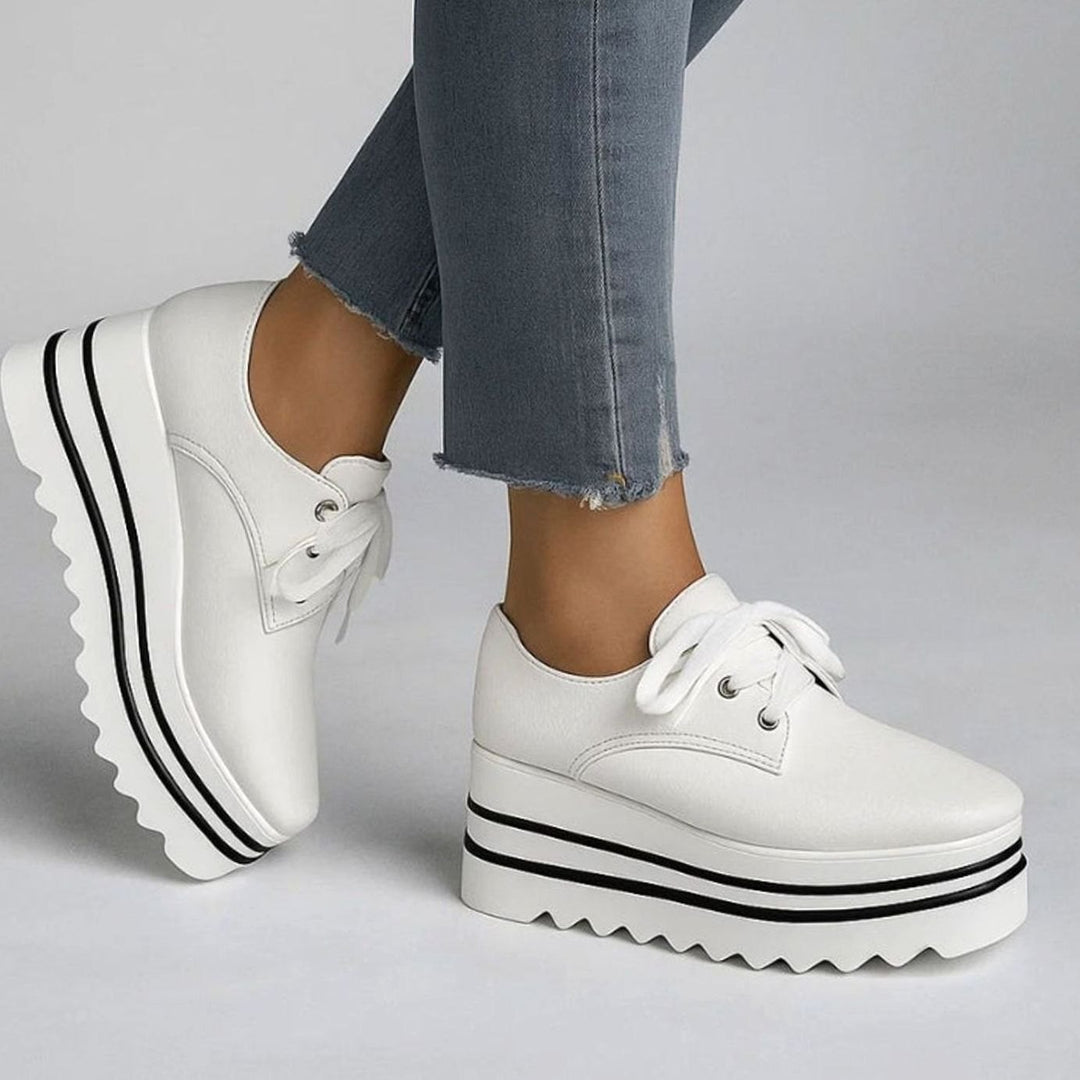 Women's Lace-Up Square-Toe Platform Sneakers Wedge Oxford Shoes - White