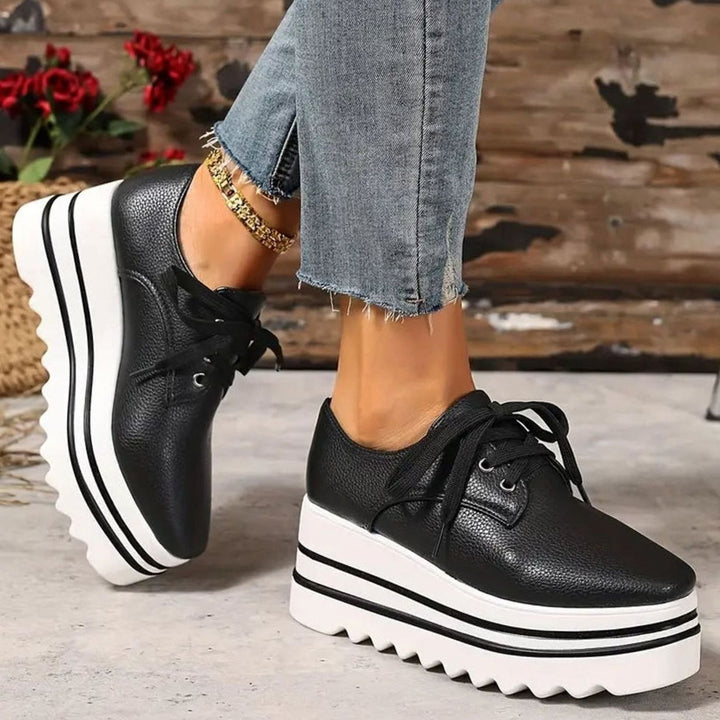 Women's Lace-Up Square-Toe Platform Sneakers Wedge Oxford Shoes - Black