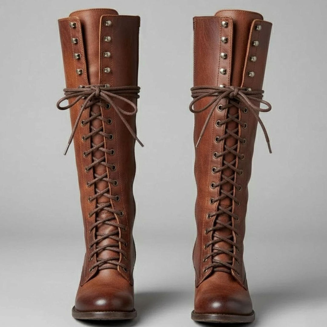 Women's Lace-Up Studded Block Heel Knee-High Boots - Brown