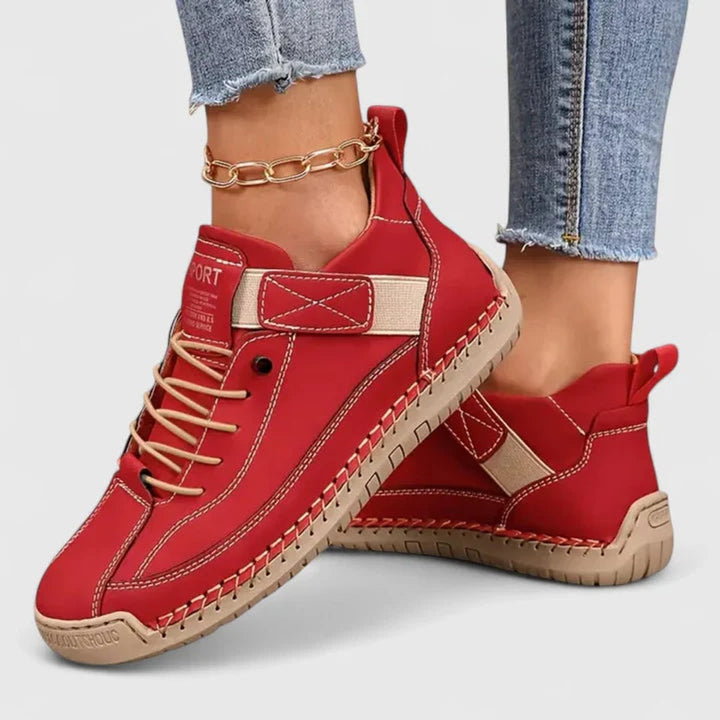 Women's Lace-Up Velcro-Strap Cushioned Casual Sneakers - Red