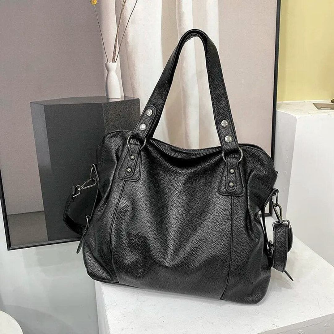 Women's Large Black Leather Shoulder Tote Bag Studded Strap - Schwarz