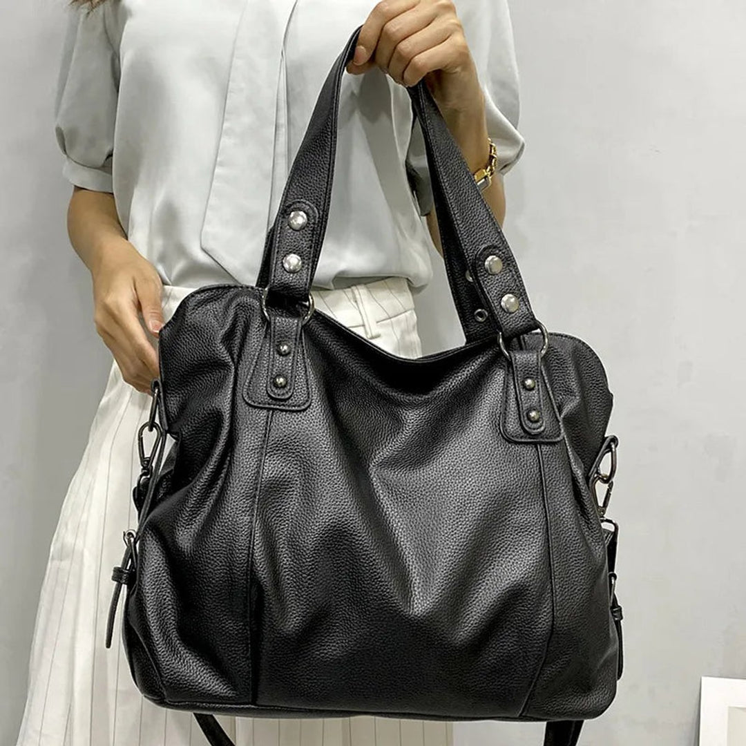 Women's Large Black Leather Shoulder Tote Bag Studded Strap - Creme