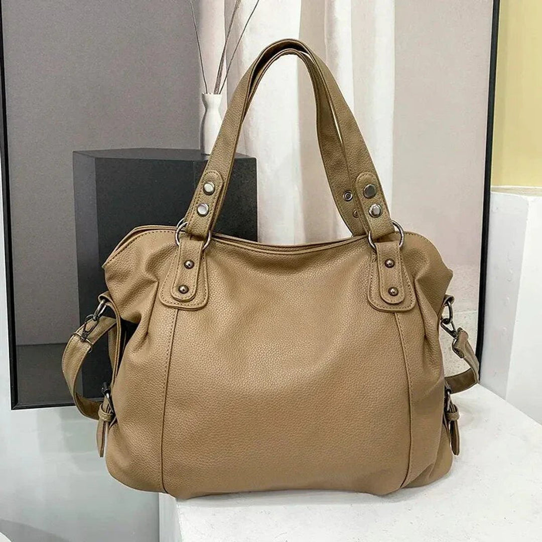 Women's Large Black Leather Shoulder Tote Bag Studded Strap - Beige