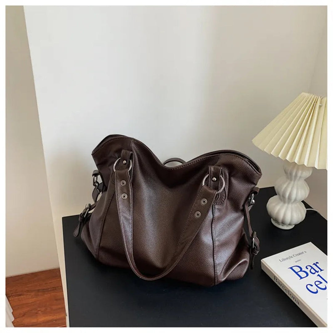 Women's Large Black Leather Shoulder Tote Bag Studded Strap - Braun