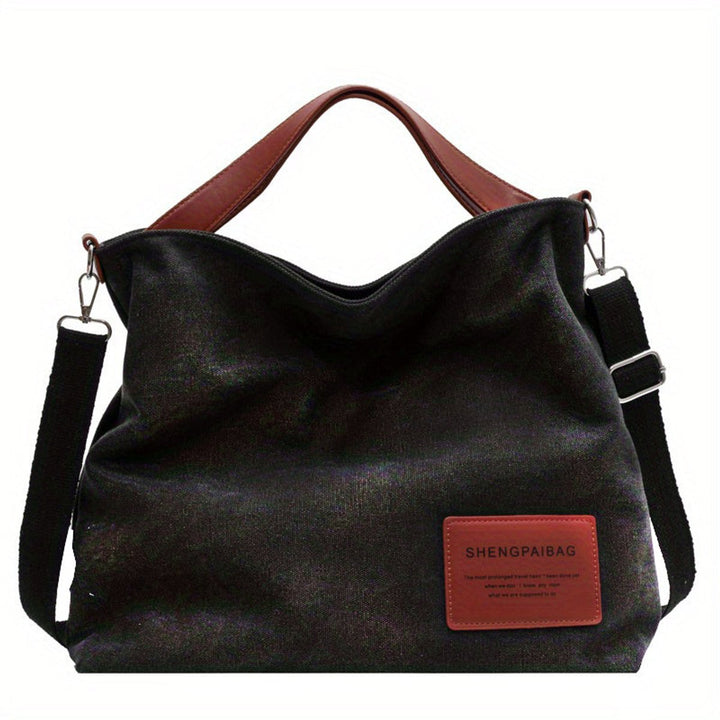 Women's Large Slouchy Canvas Tote Bag Adjustable Shoulder Strap - Schwarz