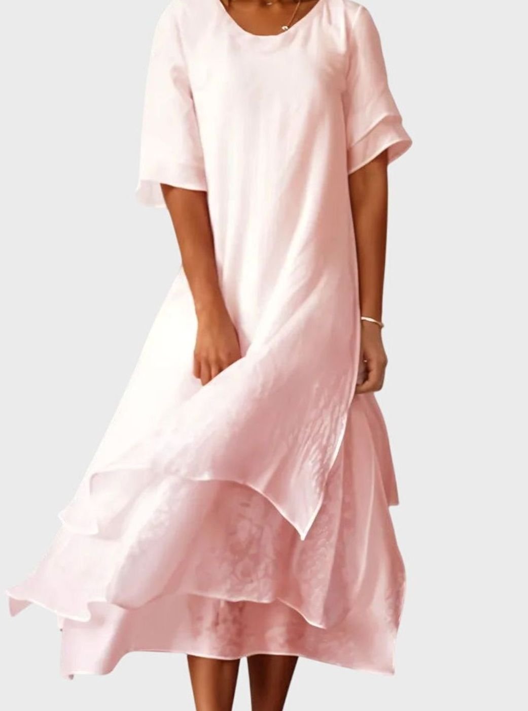 Women's Layered-Hem Short-Sleeve Midi Swing Dress - Pink