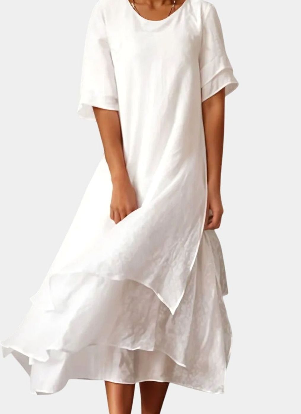 Women's Layered-Hem Short-Sleeve Midi Swing Dress - White