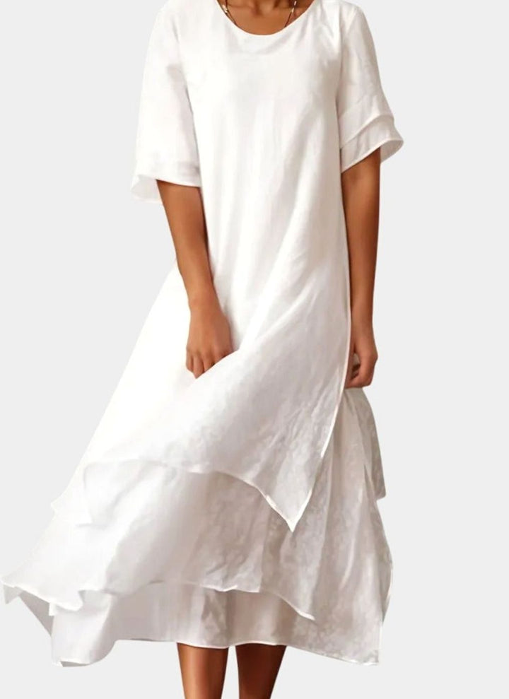 Women's Layered-Hem Short-Sleeve Midi Swing Dress - White