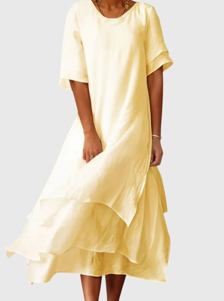Women's Layered-Hem Short-Sleeve Midi Swing Dress - Yellow
