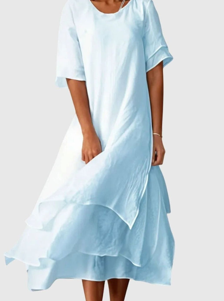 Women's Layered-Hem Short-Sleeve Midi Swing Dress - Blue