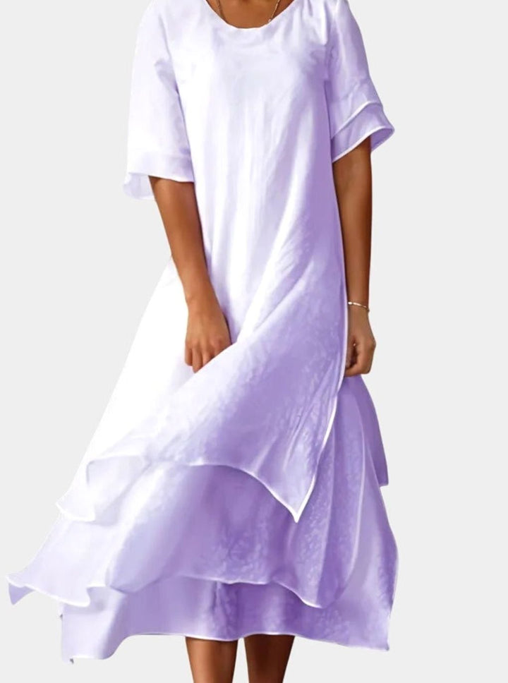 Women's Layered-Hem Short-Sleeve Midi Swing Dress - Purple