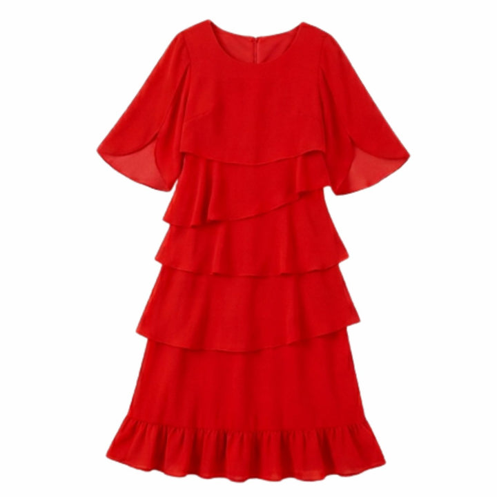 Women's Layered Ruffle Chiffon Flutter-Sleeve Midi Dress - Red