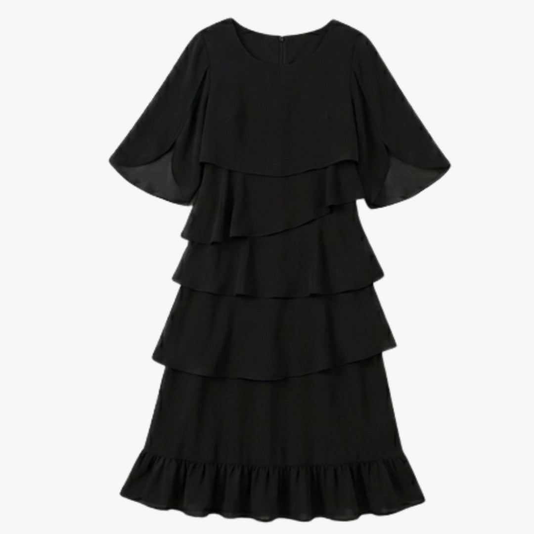 Women's Layered Ruffle Chiffon Flutter-Sleeve Midi Dress - Black
