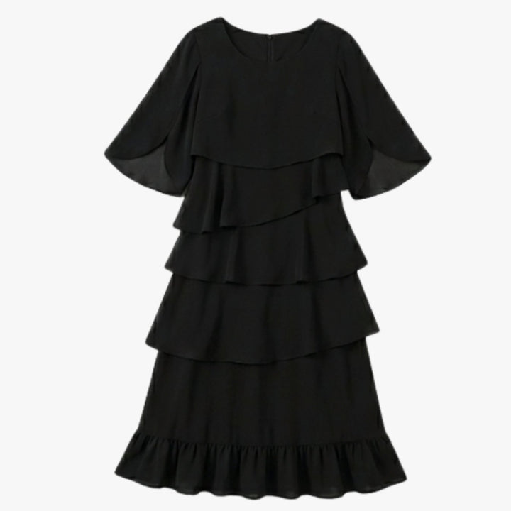 Women's Layered Ruffle Chiffon Flutter-Sleeve Midi Dress - Black