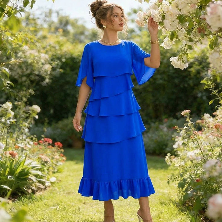 Women's Layered Ruffle Chiffon Flutter-Sleeve Midi Dress