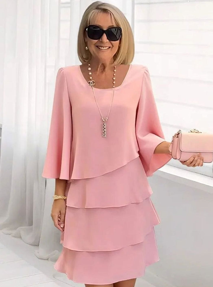 Women's Layered Ruffle Chiffon Occasion Dress Round Neck - Pink