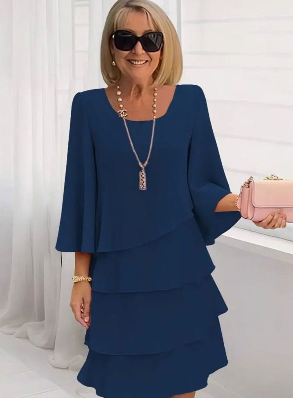 Women's Layered Ruffle Chiffon Occasion Dress Round Neck - Navy Blue