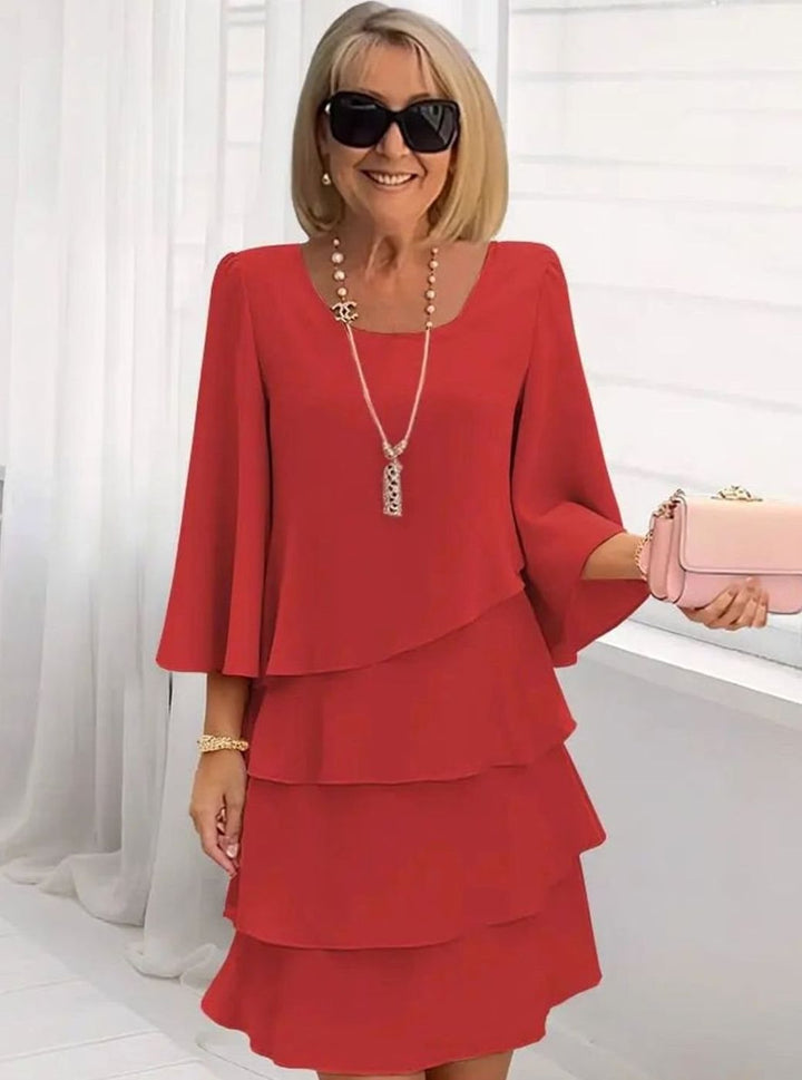 Women's Layered Ruffle Chiffon Occasion Dress Round Neck - Red