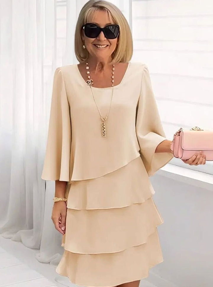 Women's Layered Ruffle Chiffon Occasion Dress Round Neck - Khaki