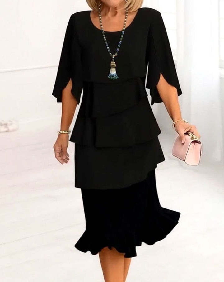 Women's Layered Ruffle Tiered Midi Dress Round Neck Half Sleeve - Black