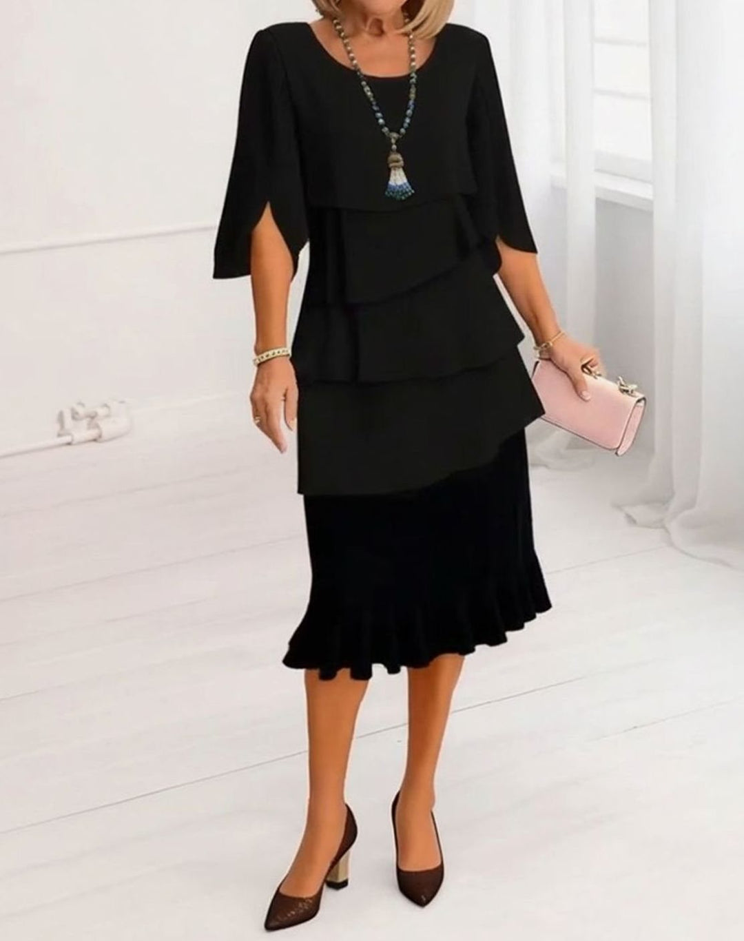 Women's Layered Ruffle Tiered Midi Dress Round Neck Half Sleeve