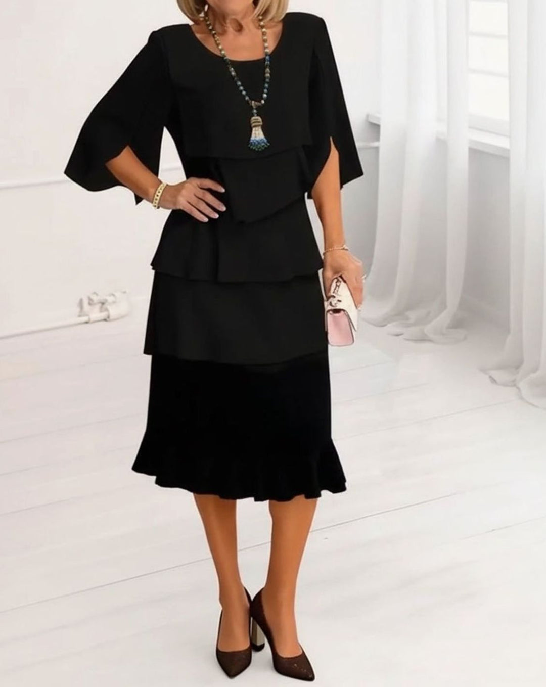 Women's Layered Ruffle Tiered Midi Dress Round Neck Half Sleeve