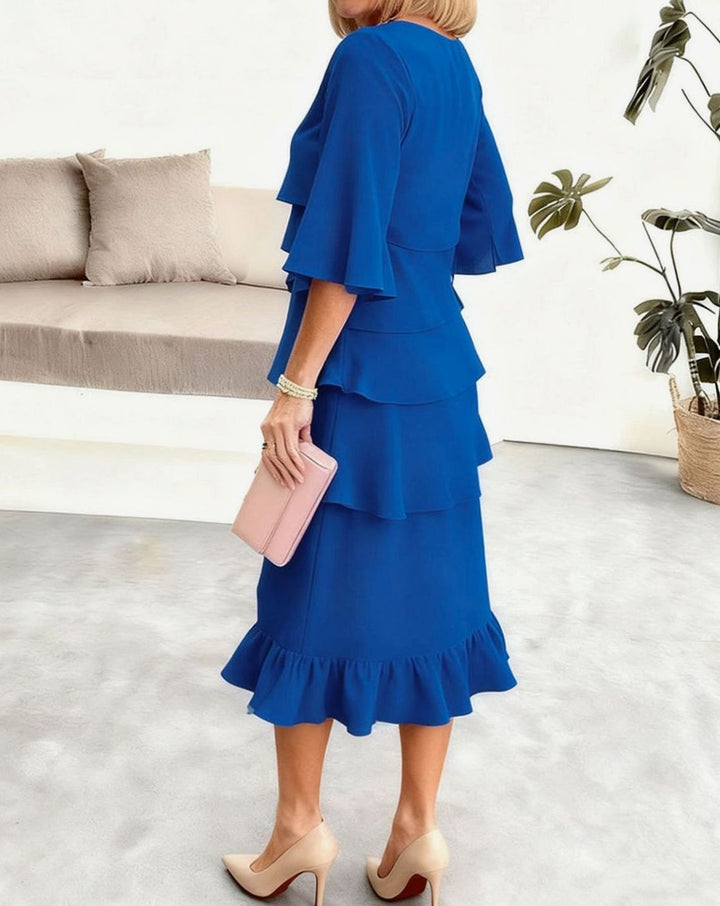 Women's Layered Ruffle Tiered Midi Dress Round Neck Half Sleeve