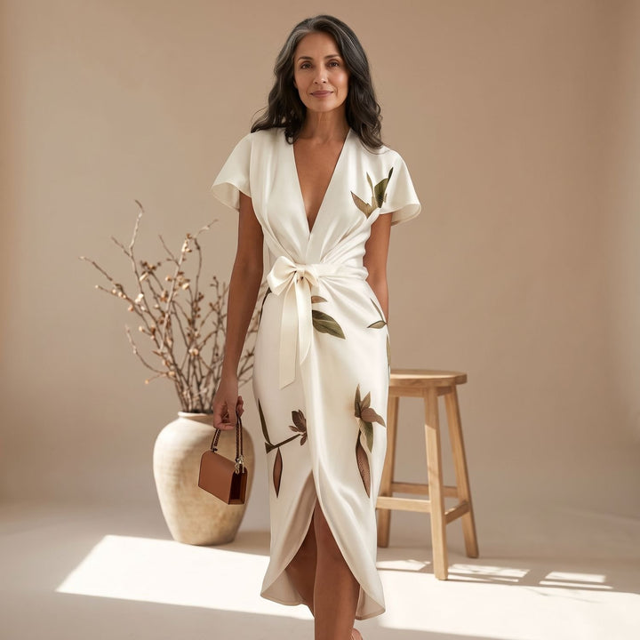 Women's Leaf Print Deep V-Neck Tie-Waist Wrap Midi Dress