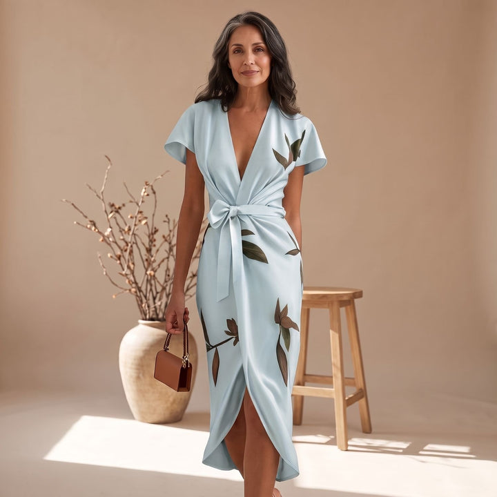 Women's Leaf Print Deep V-Neck Tie-Waist Wrap Midi Dress - Light Blue