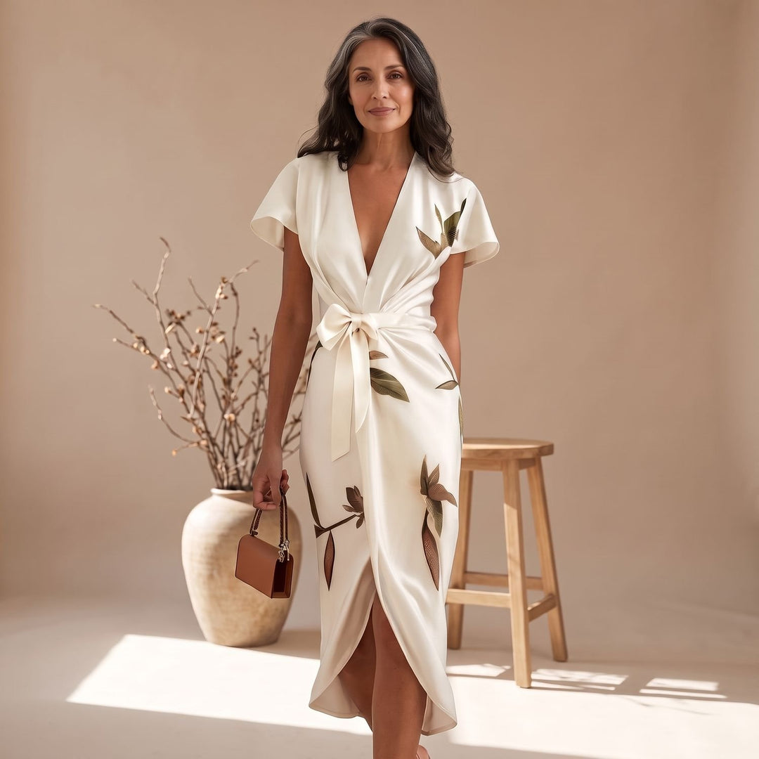 Women's Leaf Print Deep V-Neck Tie-Waist Wrap Midi Dress