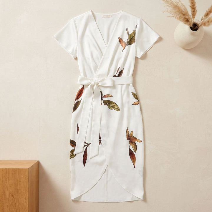 Women's Leaf Print Deep V-Neck Tie-Waist Wrap Midi Dress