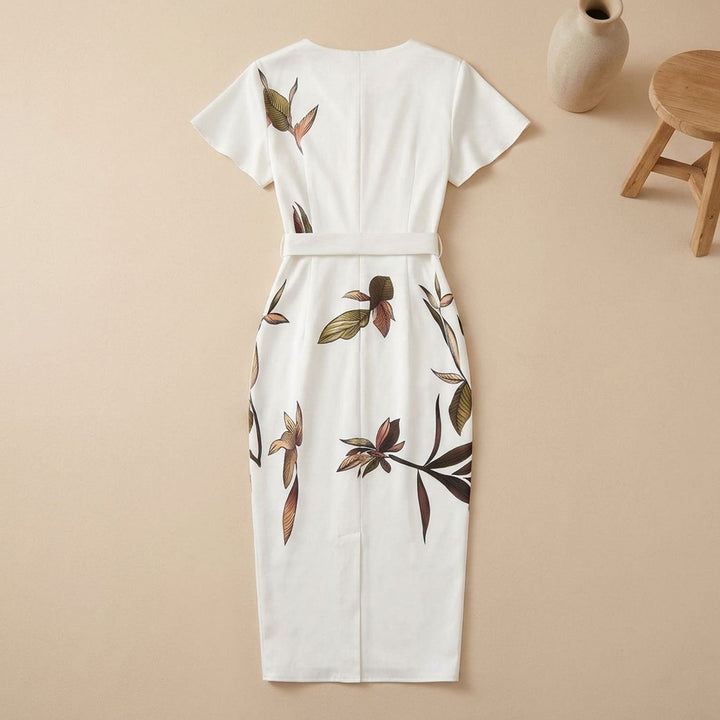Women's Leaf Print Deep V-Neck Tie-Waist Wrap Midi Dress