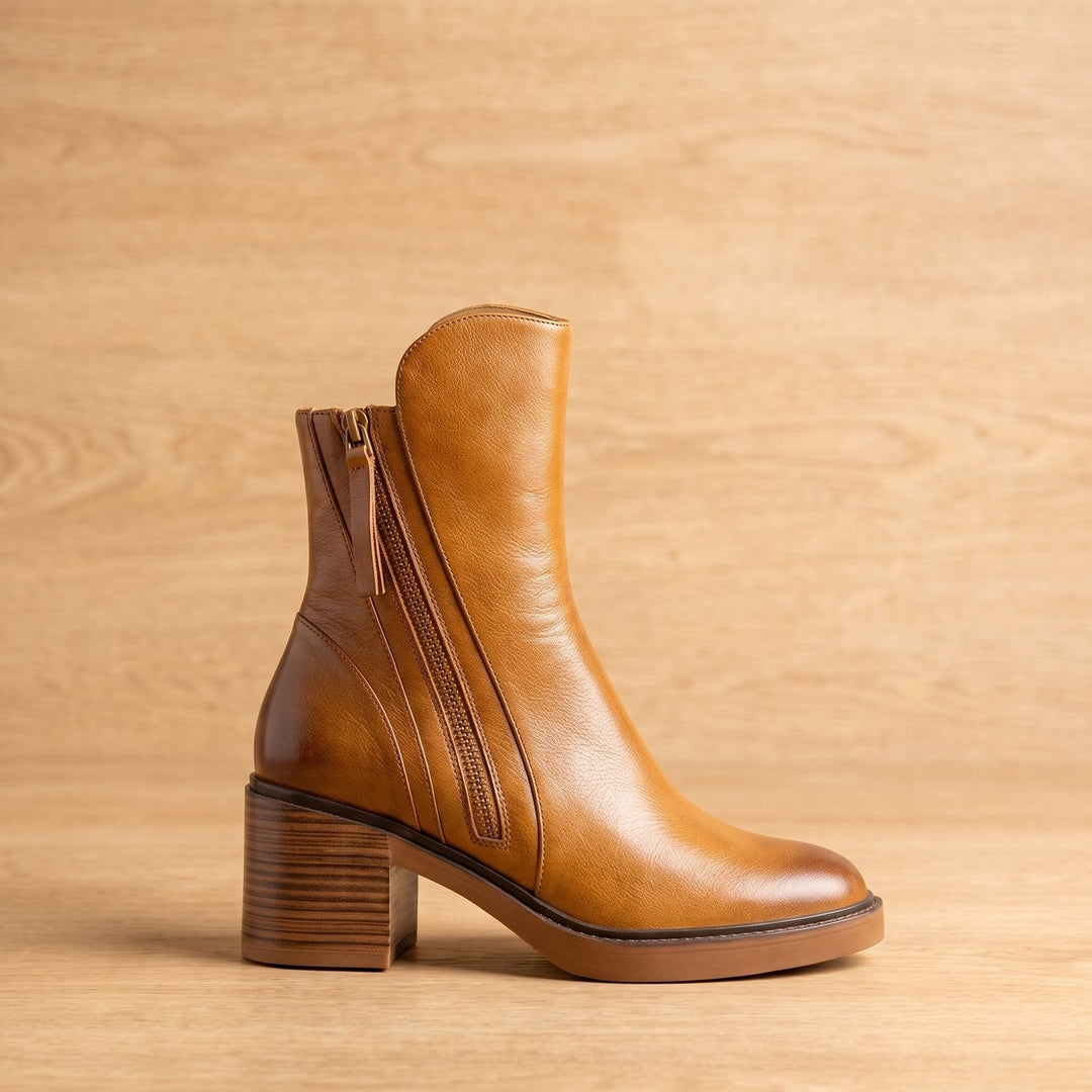 Women's Leather Ankle Boots Block Heel Side Zipper Booties - Cognac Brown