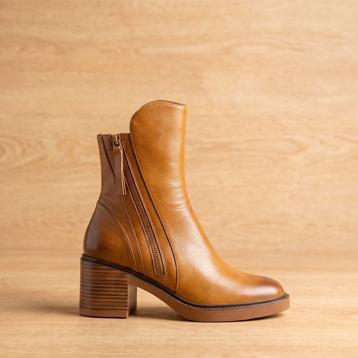 Women's Leather Ankle Boots Block Heel Side Zipper Booties - Cognac Brown