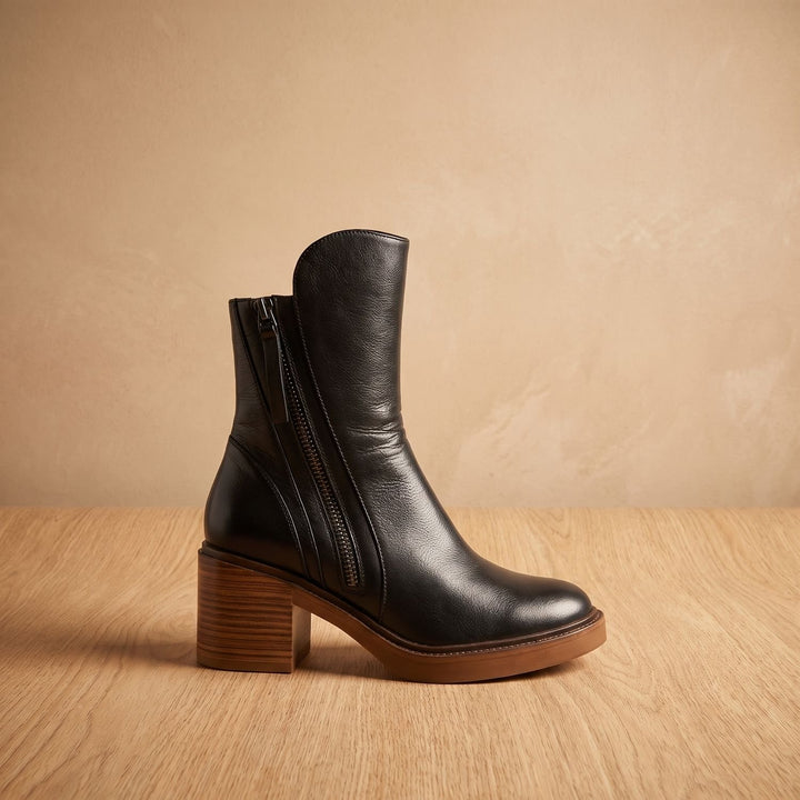Women's Leather Ankle Boots Block Heel Side Zipper Booties - Midnight Black
