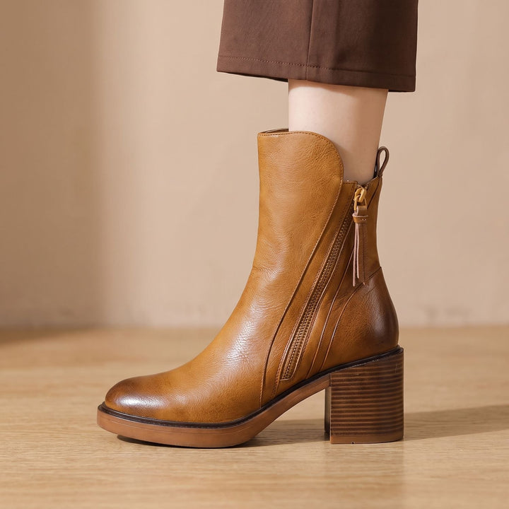 Women's Leather Ankle Boots Block Heel Side Zipper Booties