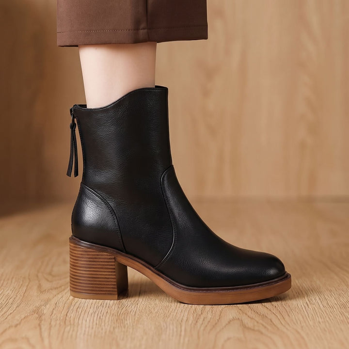 Women's Leather Ankle Boots Block Heel Side Zipper Booties