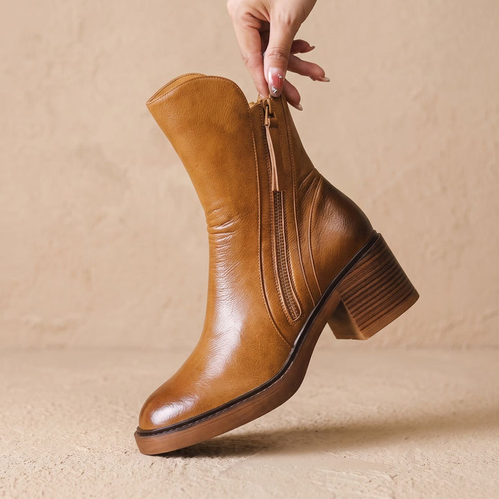 Women's Leather Ankle Boots Block Heel Side Zipper Booties