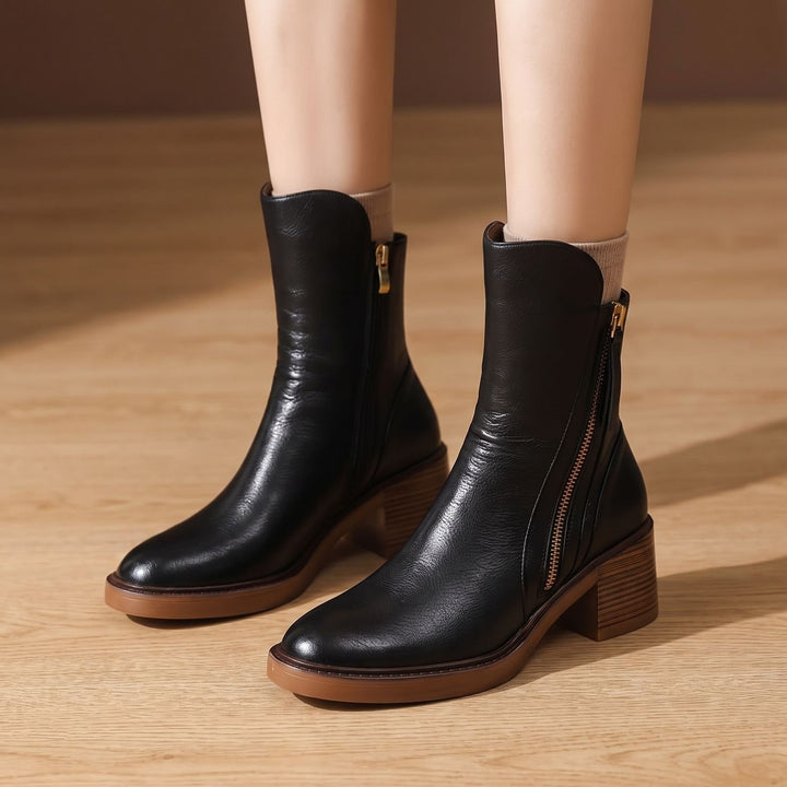 Women's Leather Ankle Boots Block Heel Side Zipper Booties