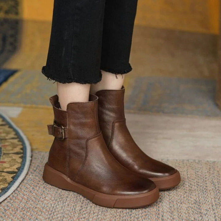 Women's Leather Buckle-Strap Flat Platform Ankle Boots - Brown