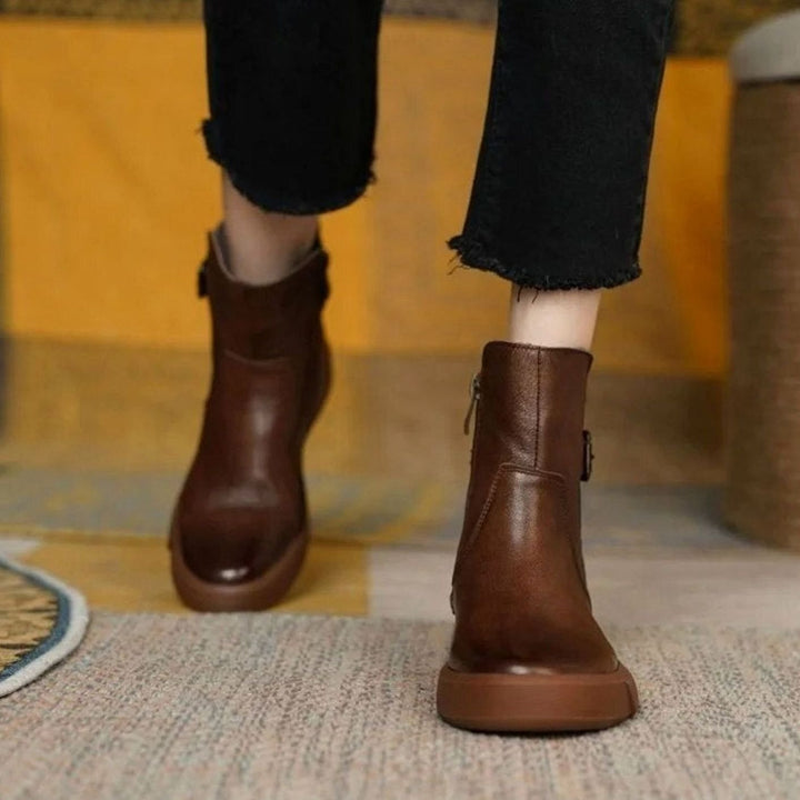 Women's Leather Buckle-Strap Flat Platform Ankle Boots