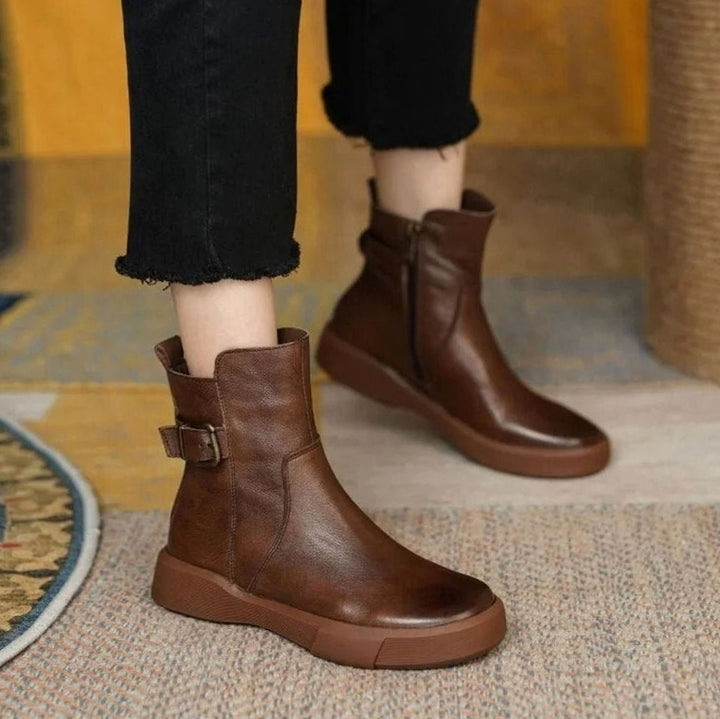 Women's Leather Buckle-Strap Flat Platform Ankle Boots