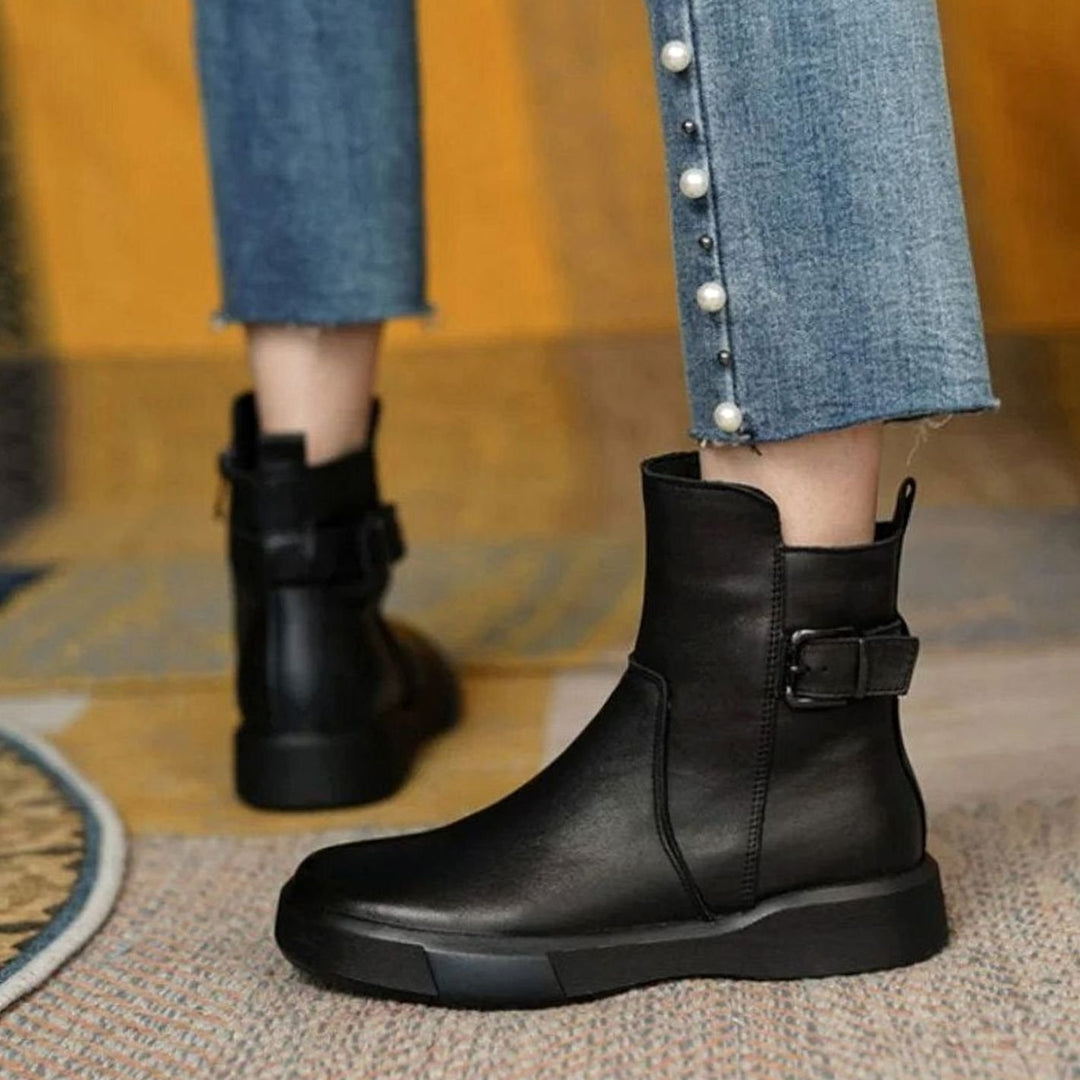 Women's Leather Buckle-Strap Flat Platform Ankle Boots