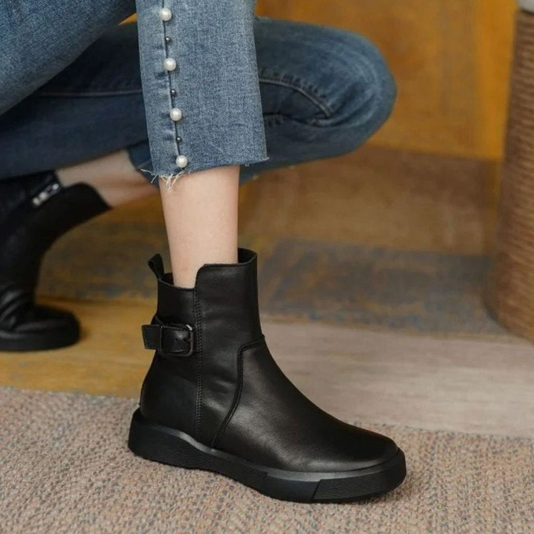 Women's Leather Buckle-Strap Flat Platform Ankle Boots