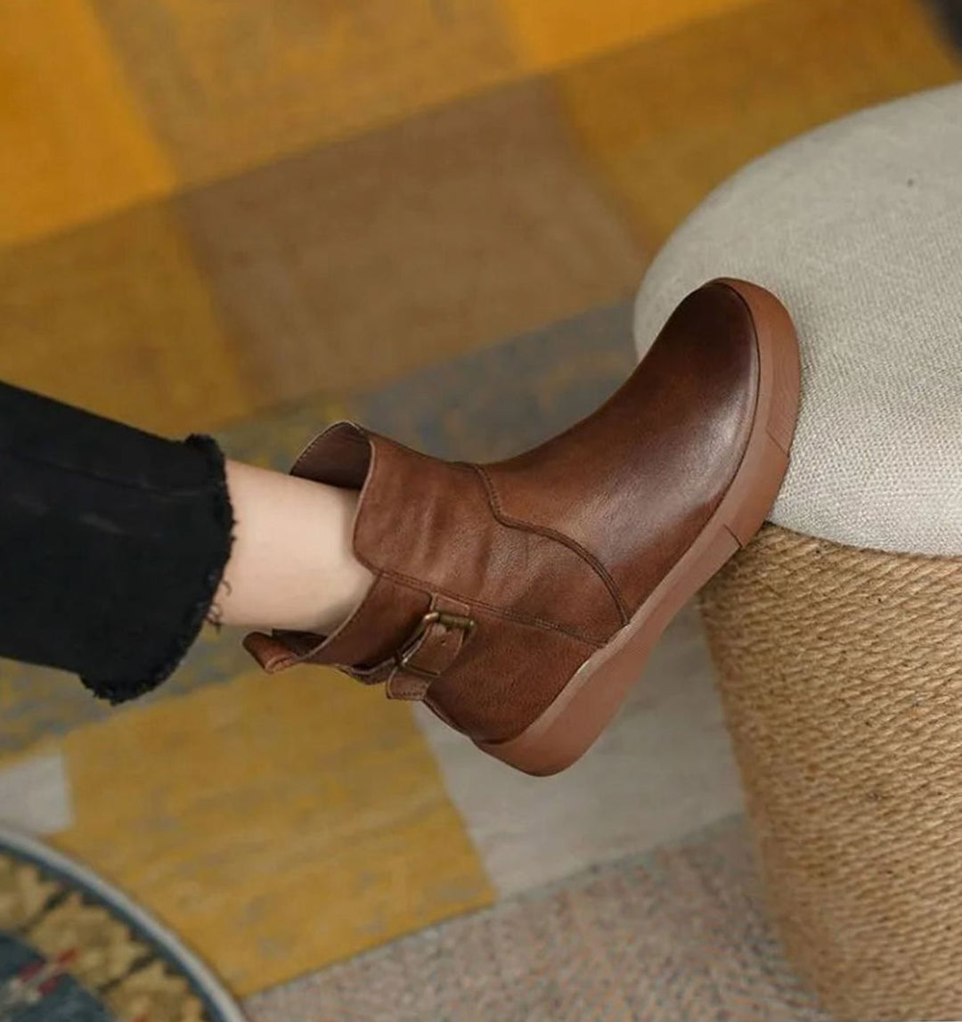 Women's Leather Buckle-Strap Flat Platform Ankle Boots