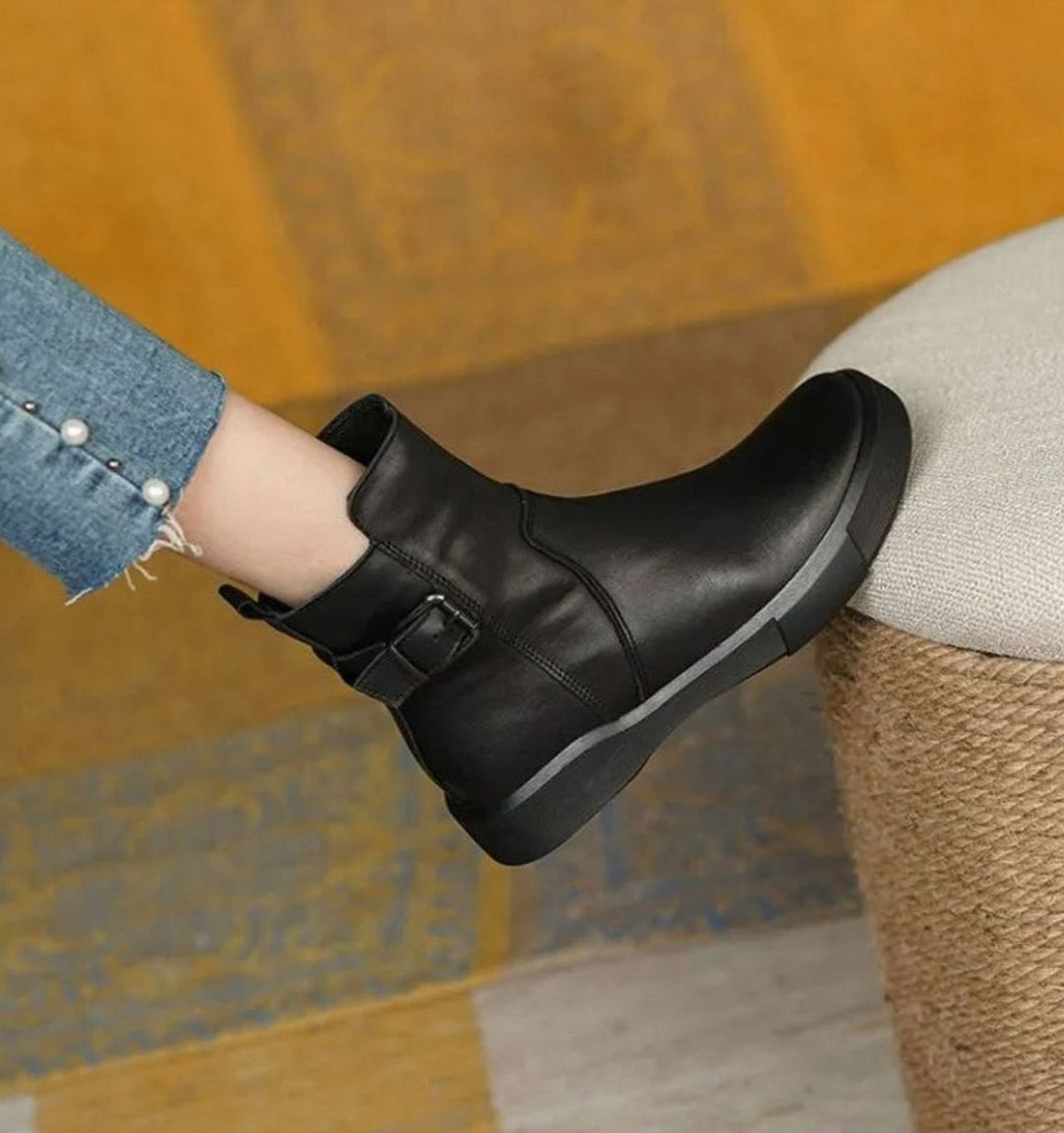 Women's Leather Buckle-Strap Flat Platform Ankle Boots