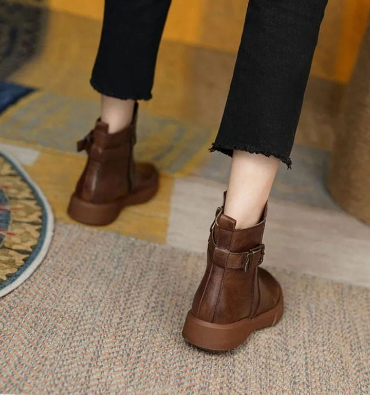 Women's Leather Buckle-Strap Flat Platform Ankle Boots