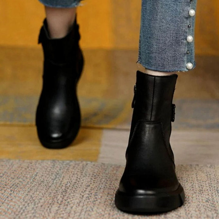 Women's Leather Buckle-Strap Flat Platform Ankle Boots - Black