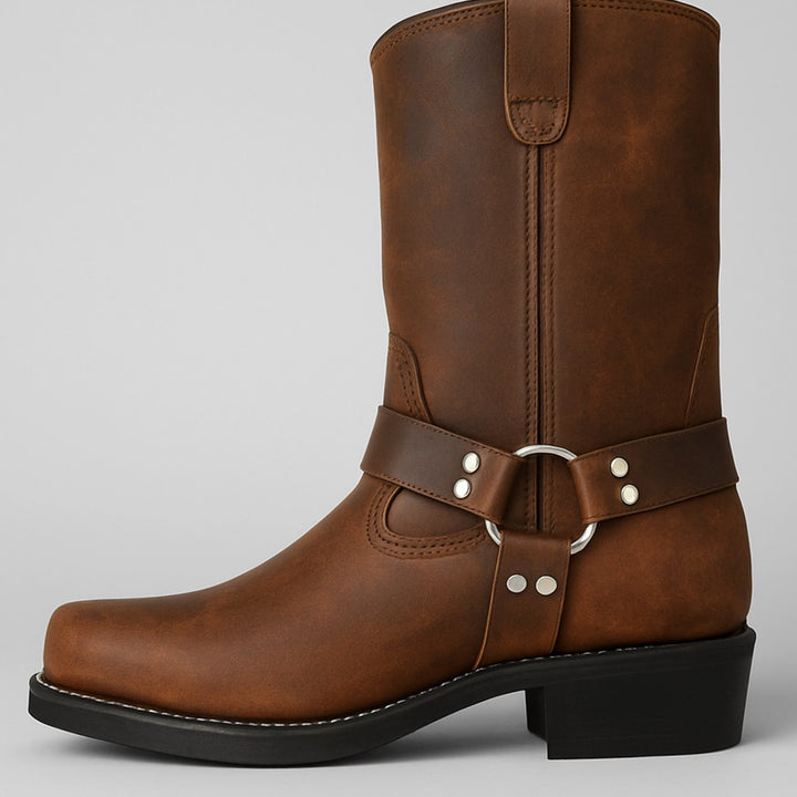 Women's Leather Harness Cowboy Boots Square-Toe Western Riding - Tan