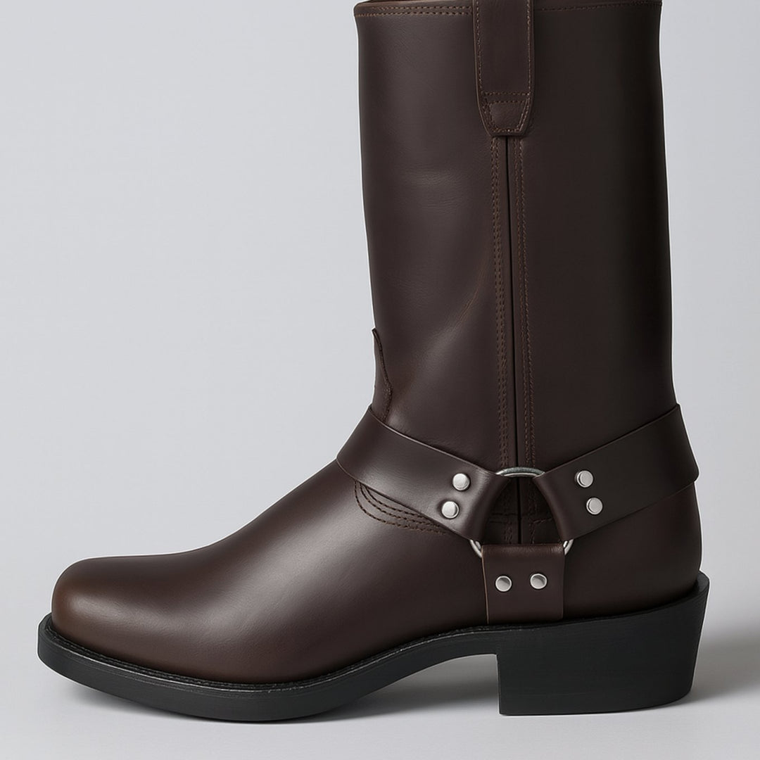 Women's Leather Harness Cowboy Boots Square-Toe Western Riding - Dark Brown